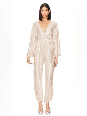 MISA Los Angeles Amina Metallic Plissé Jumpsuit Ivory – Size XS | Retail $370